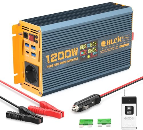 HLCJC Spannungswandler 1200W/2400W Reiner Sinus- Wechselrichter 12V auf 230V, 1 EU Steckdose, mit 1x USB-C, 3X USB-A Schnellladung, LCD-Anzeige für Wohnmobil LKW KFZ