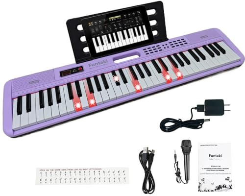 Funtaki 61 tangenter Elektroniskt tangentbord Piano för vuxna med lysande tangenter 61 Kompakta tangenter Digitala pianon - Perfekt nybörjarpiano Lila