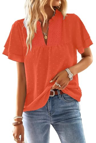 TUUHAW Camisetas Manga Corta Mujer Cuello en V Blusa Verano Elegante Top | Boho Túnica, Volantes Encaje, Casual Plisada Ropa, Boho Cómodo Camiseta, Suelto Dentella Tops, Plisada Color Sólido Holgadas