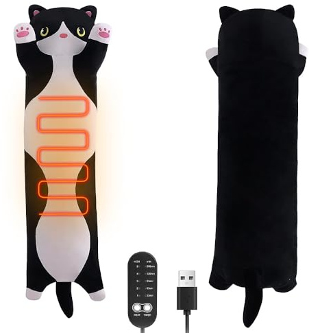 Nzkeuf Electric Heat Pad, Cat Plush Heating Pillow for Period, USB Powered Cute Long Cat Stuffed Animals, Gift for Women Teens Girls Mum Cat People(50cm/19.6inch,Tuxedo Cat)