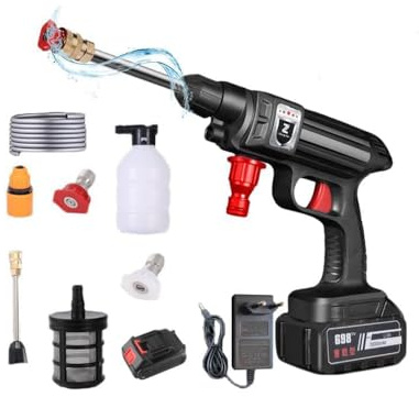 Limpiador de Alta presión inalámbrico, Limpiador de Alta presión a batería, Pistola de Agua para Lavado de Coche con 21 V, batería de 6 en 1 y Manguera de 5 m, para jardín y Coche (Negro)