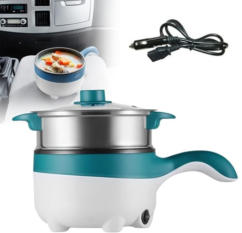 Padella Elettrica Per Auto 12V/24V con Cottura a Vapore, Padella Elettrica Antiaderente da 2 Litri da 18cm, Mini Fornello Elettrico da Viaggio per Pasta, Noodles, Verdure, Carne, Uova,12VGreen