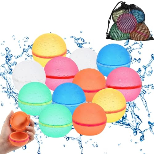 12 Pack Reusable Water Balloons, Self Closing Fast Fill Water Bombs, Silicone Water Balls with Mesh Storage Bag for Beach Pool Party Backyard Summer Outdoor Activities