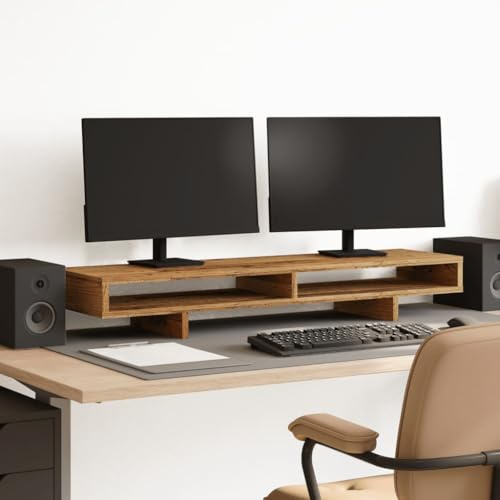 Holepyr monitorställ gammalt träutseende trämaterial 100 x 27 x 15 cm med 2 fack, skrivbordsfäste för kontor, hemmakontor, spel och studier, notebook-hållare och tangentbordshylla