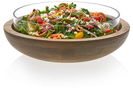 Prologue 99021 Nesting Wood Glass Serving Bowls, 12 in, Brown/Clear