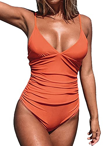 CUPSHE Maillot de Bain Une pièce pour Femme Col en V Profond Bretelles Spaghetti réglables Maillot de Bain froncé Devant Bas du Dos | Bretelles spaghetti réglables, bonnets doux amovibles, maillot de bain modeste pour les vacances et la plage, côté piscine