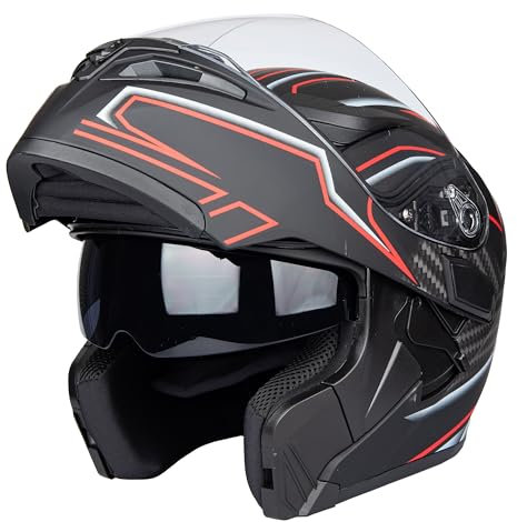 Full Face Motorcycle Helmet Dual Visor Sun Shield Flip up Modular Motocross DOT Approved Helmets (Imitation, Medium)