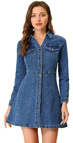 Allegra K Vestido De Mezclilla Informal De Manga Larga con Cuello Enrollado Y Botones para Mujer Azul M