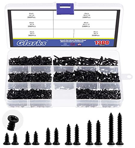 Glarks Juego de 1300 tornillos de madera de 5 mm, 6 mm, 7 mm, 8 mm, 10 mm, tornillos de madera, autoperforantes negros, kit de surtido para decoración de muebles del hogar (negro)