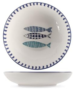 H&H Mediterraneo Set 6 Piatti Fondi, Ceramica, 20cm, Mare, Estate, Pesci