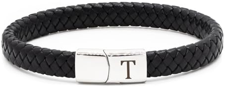 HAYOUWAY Initial Leather Bracelet for Men - Letter A-Z Black Bracelet for Boys (Black, Initial: T)