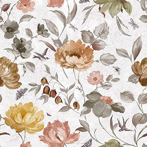 SOEWIOU Papel pintado floral vintage, 600 x 44,5 cm de grosor, despegar y pegar, papel tapiz floral extraíble, impermeable, papel decorativo floral, papel de contacto marrón, papel de vinilo con