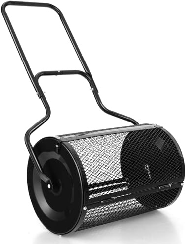 Goplus 24 inch Compost Spreader for Lawn, Lightweight Metal Mesh Lawn Roller Double Side Latches for Topdressing & Seedling, Fertilizer Topsoil Peat Moss Spreader Roller, Garden Yard Care (Black)