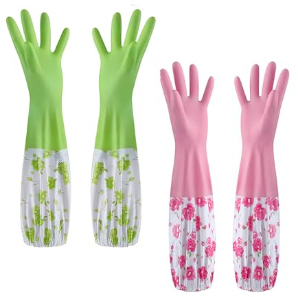 JYJLLM 2-Pairs Long Sleeve Floral Gloves - 46cm Warm Lined Rubber Household Gloves for Dishwashing, Cleaning, Gardening & Outdoor Work (Pink, Green)
