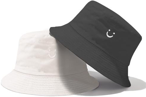 SUBTAVIK Kids Sun Hat - Smile Face Reversible Bucket Hat for Boys and Girls, Wide Brim, Double Sided Breathable for Toddlers 2-8 Years, Black/Beige