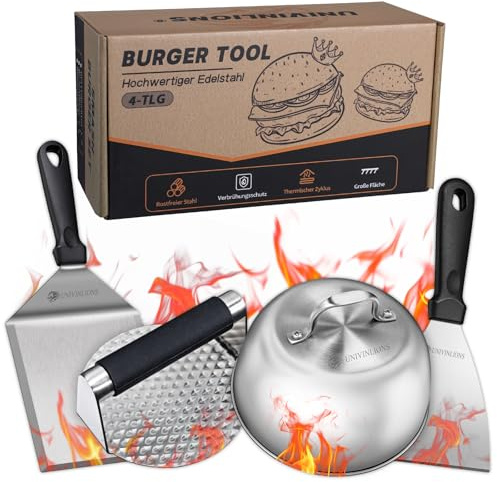 univinlions Smash Burger Set, Professionell hamburgarsmasher med smash burger-press, hamburgarklocka, stor grillspatel och vändare， 4-delat grilltillbehör i rostfritt stål