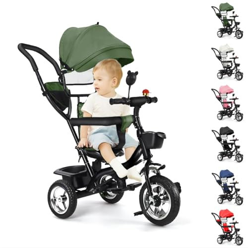 MUL-BOUTIQUE Dreirad für Babys, skalierbar bis 35 kg, Babyfahrrad für Kinder ab 1 Jahr, wendbarer Sitz, dreiteilige Sonnenblende (grün)
