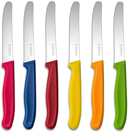 targzier coltelli da tavola,6 pezzi set di coltelli da cucina,Set di coltelli da bistecca in acciaio inox,coltello da pane affilato,Coltello per pomodori seghettato,lavabile in lavastoviglie,colorati