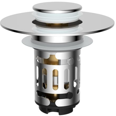 Hibbent Verbesserter 3-in-1 Waschbeckenstöpsel, Pop-Up Abflusssieb Stöpsel mit abnehmbarem Edelstahl-Filterkorb Haarfänger, Abflussstopfen für 25-46mm Beckenloch, Messing-Bullet-Kern, Chrom