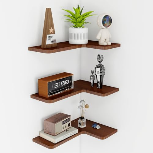 ZLLkeji Estantes Flotantes de Esquina Etanterias de Pared Madera con Ganchos Tornillos rústico para Marcos de Fotos, decoración, Especias, para, Cocina, Salón,Baño Juego de 3