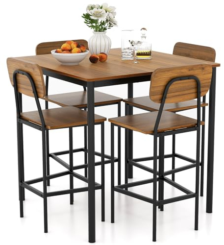 COSTWAY Ensemble Table et 4 Chaises, Table Haute Cuisine 90 x 90 cm, Tabouret avec Dossier, Mange Debout pour 4 Personnes, Design Compact, pour Cuisine, Bistro, Salon, Bar (Marron Rustique)