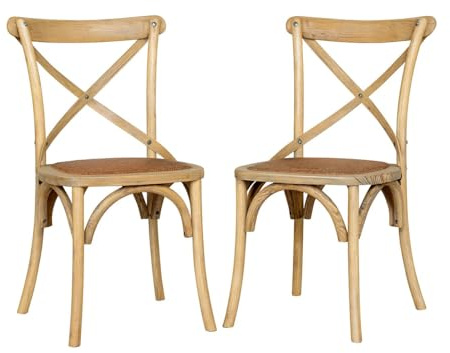 Biscottini Juego de 2 sillas de comedor de madera maciza – Silla de cocina y salón de ratán – Sillas de exterior e interior – Silla de paja rústica Cross – Asiento acolchado Thonet Vintage