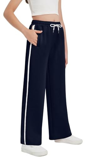 Generisch Girls Jogging Bottoms Drawstring Wide Leg Loose Tracksuit Bottoms for Teenagers Cargo Pants with Side Stripes Casual Pants with Pockets 6 14 Years, navy, 9-10 Years
