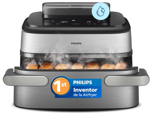 Philips Airfryer Serie 5000 con Maxi Capacità e Funzione Vapore – SteamFry, Vapore e Frittura ad Aria – 28 Programmi di Cottura, Doppio Scomparto 3L+6L, RapidAir Plus, SteamClean (NA565/00)