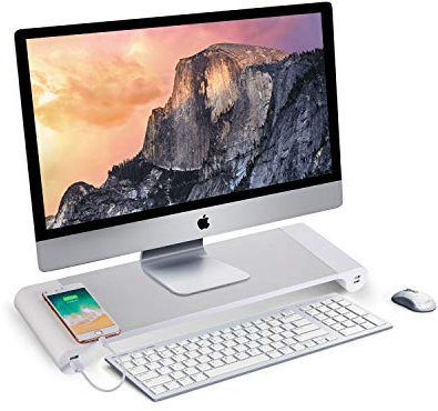 Skärmstativ, datorstativ, bildskärmstativ, upphöjare, 4 USB-port laddning tangentbordslagring, bildskärmhöjare för laptop/TV-skrivare/faxmaskin/dator/iMac/MacBook, aluminiumfäste bekvämt