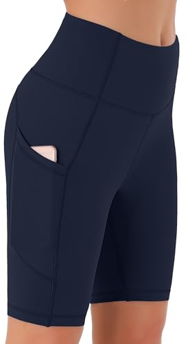 JOYSPELS Cycling Shorts Women with Pockets High Waisted Non See Through Womens Activewear Shorts for Gym Workout Running Yoga Sport Exercise UK Navy Blue L