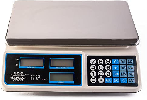 AMC Bilancia elettronica digitale da banco con 7 tasti di memoria, acciaio inox, 6 lcd, totale e peso portata max 40 kg divisione 2g