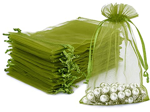 60pcs Olive Green Organza Gift Bags Medium 10 x 15cm Drawstring Jewelry Pouches Wedding Party Favour and Candy Bags (10 X 15 CM, Olive Green)