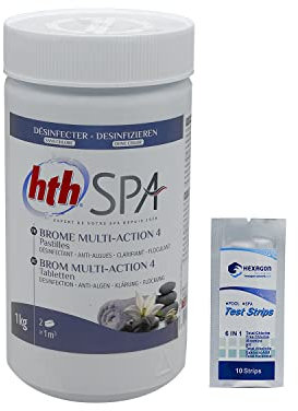 HPS | HTH Brome Multi Action 4 Fonctions - Pastille 20g - 1kg (250809) | 10 bandelettes test 6 paramètres OFFERTES : pH, chlore total, chlore libre / brome, alcalinité, acide cyanurique, dureté