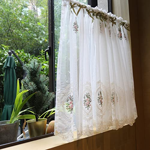 A.Monamour Tenda Corta per Finestra Piccola Voile Bianco Con Fiocco - Ricamo In Pizzo Floreale Trasparente - Cucina Bistrot Caffè Mezza Mantovana a Vetro a Pannello