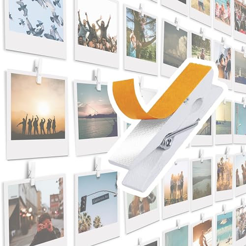 20 Stück Weißen Selbstklebende Bildklammern - Bilderrahmen, Fotowand Halter, Bilderrahmen mit Klammern und Leine, Fotorahmen, Fotovorhang, Postkartenhalter, Fotoseil, Fotohalter