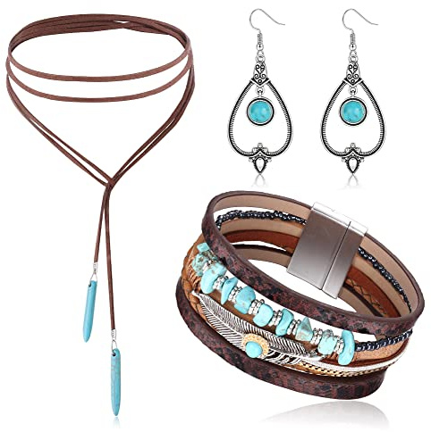 JeweBella Boho smycken set damer vintage bohemisk turkos hänge halsband boho turkos hänge örhängen turkos armband manschett indianer smycken vintage turkos smycken boho väst smycken damer