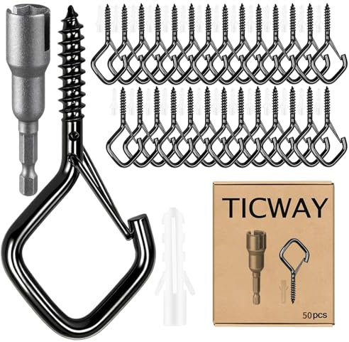 Ticway 50 Pcs Outdoor Hooks for String Lights,Screw Hooks for Hanging Plants,Ceiling Hooks with Safety Buckle,Square Hanger for Wind Chimes,Bird Feeder,Lanterns,Christmas Decorations (Black)