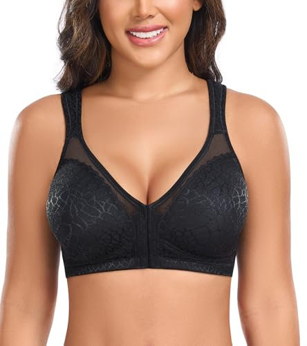 Curyon Women's Front Closure Back Support Minimiser Bra Full Figure Jacquard Black 44DD