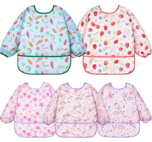 Lictin 5 Pcs Babero con Mangas Impermeable- Babero de Manga Larga con Escote Ajustable para Niños Bebé(6-24 meses)