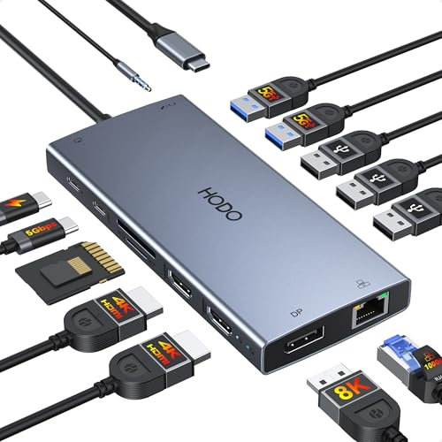 Dockingstation Laptop 2 Monitore, 15 in 1 Docking Station Triple Display, USB C Hub Adapter mit Zwei HDMI, 8K DisplayPort, Ethernet, PD, 5USB, USB C, SD TF Kartensteckplatz, Audio und EIN/Aus Taste