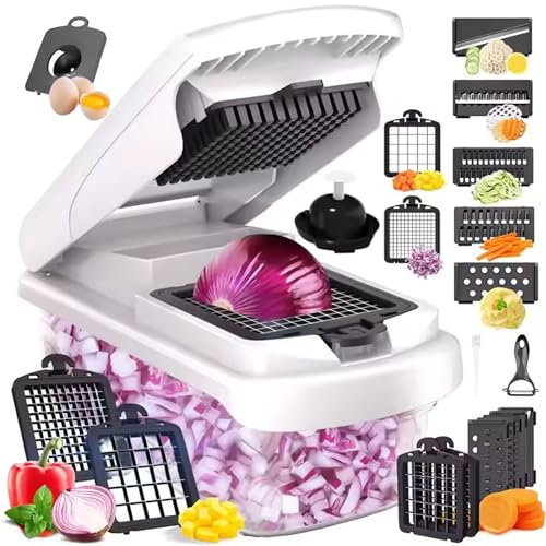 Dadajipo Vegetable Chopper, 7-Blade Onion Dicer, Slicer & Mincer with Container, French Fry Cutter, Kitchen Gadgets & Home Essentials, Food Chopper for Salad & Meal Prep (14-in-1 White and Black)