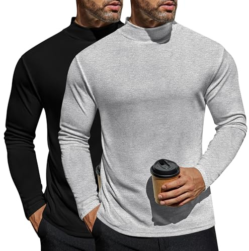 Ekouaer 2Pack Men's Thermal Top Long Sleeve Turtleneck Shirts Basic Undershirt Baselayer for Winter Black+LightGrau L