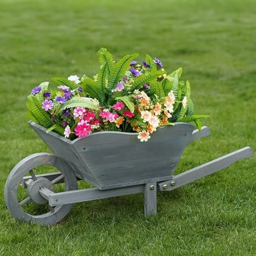 FAHAAM Decorative Garden Wooden Wheelbarrow Planter Garden Planter Ornamental Plant Pot Wooden Ornamental Large garden Ornament & Outdoor Flower Pot wooden Plant Stand. (W69 x H28 x D32cm)