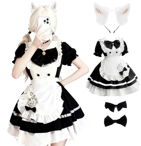 Yunlaishaocer maid dress, fransk maid outfit, svart-vit maskeradkostym med bågar och hårband, söta katter tjänstflickor kostym klänning för halloween, karnevaler, rollspel (L)