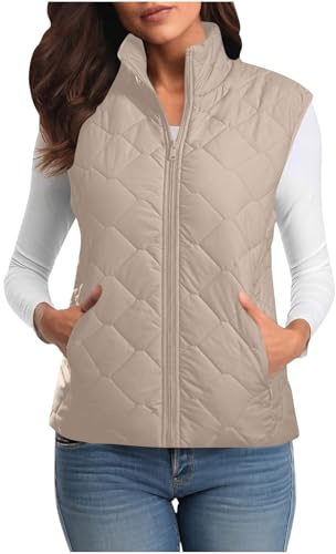 Women's Quilted Gilet Winter Sleeveless Jackets Zip Up Padded Coats Lightweight Vests Solid Color Gilets and Bodywarmers Outdoor Stand Collar Waistcoats Outerwear Ladies Body Warmer with Pockets