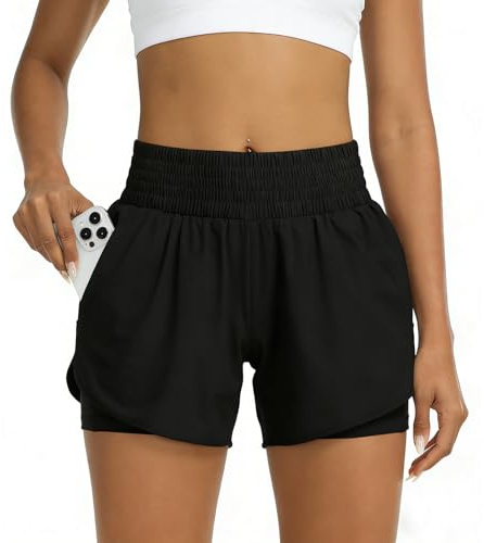 GOZINA Womens 2-in-1 Running Shorts with Phone Pocket, Lightweight Gym Yoga Ladies Sports Shorts for Running, Hiking & Training (M, Black)