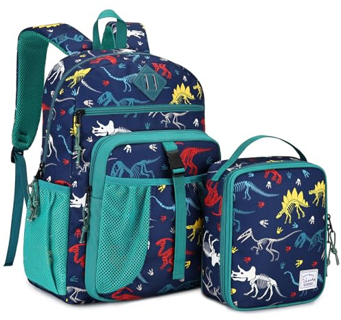 VASCHY Boy Kids Backpack & Lunch Bag Set, 2-in-1 School Bookbag with Insulated Lunch Box for Preschool, Daycare, Kindergarten & Elementary School ā Navy Dinosaurs