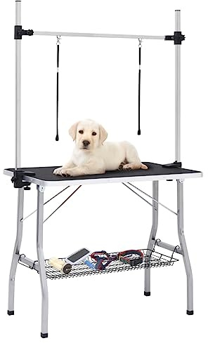 Mangloder - Mesa de corte ajustable para perros, 90 x 60 cm, con 2 trabillas, plegable, para peluquería de perros, antideslizante, acero inoxidable, cesta de almacenamiento
