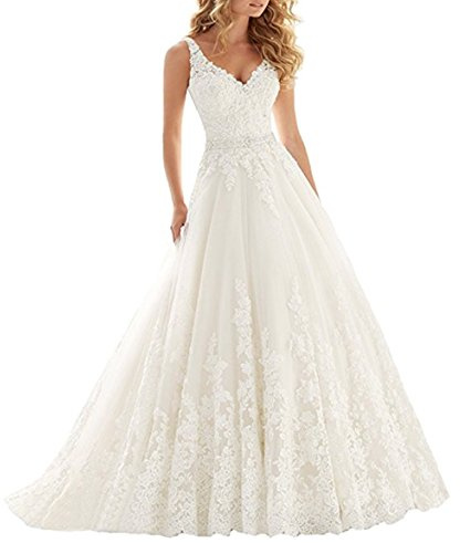 XUYUDITA Vestito da Cerimonia Nuziale del Merletto del Collo del Merletto V Vestiti da Sposa in Rilievo Appliques Cinghie Abito da Sposa Avorio-50 Plus