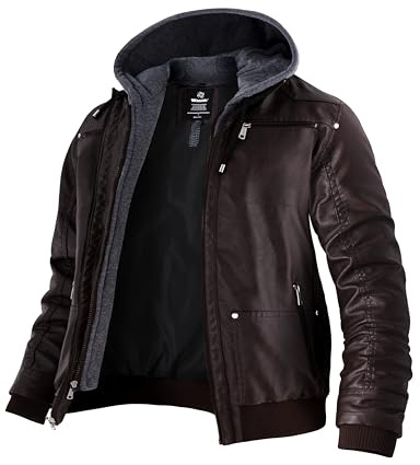 Wantdo Chaqueta Cuero Chaquetas Chaqueta Invierno Simil Piel Cazadora con Capucha Café(Fina) L